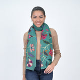 Evergreen Blossom Embroidered Wool Scarf - Spruce
