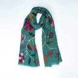 Evergreen Blossom Embroidered Wool Scarf - Spruce