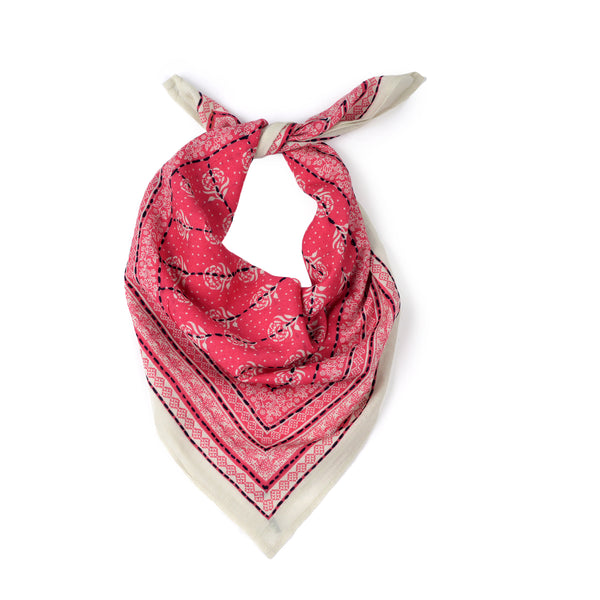 Floral Grid Cotton Bandana - Fiery Coral