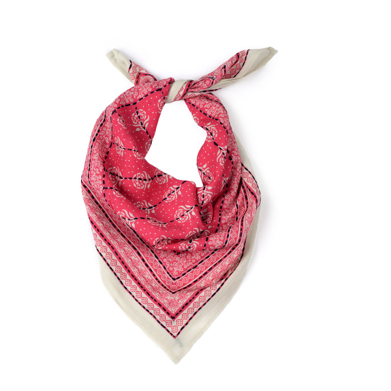 Floral Grid Cotton Bandana - Fiery Coral