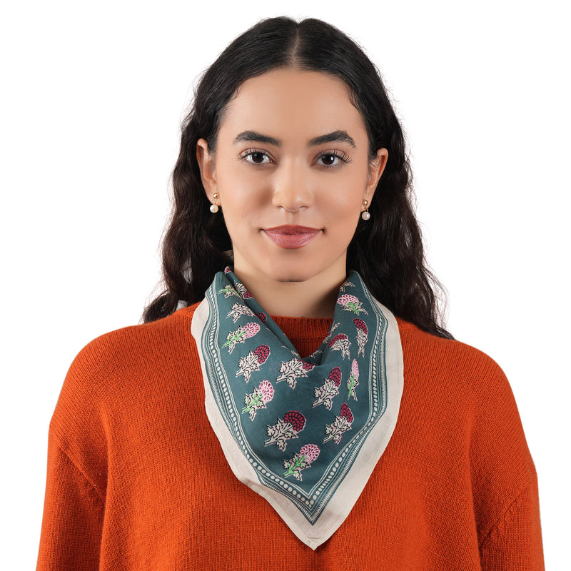 Heritage Bloom Embroidered Bandana - Slate Teal