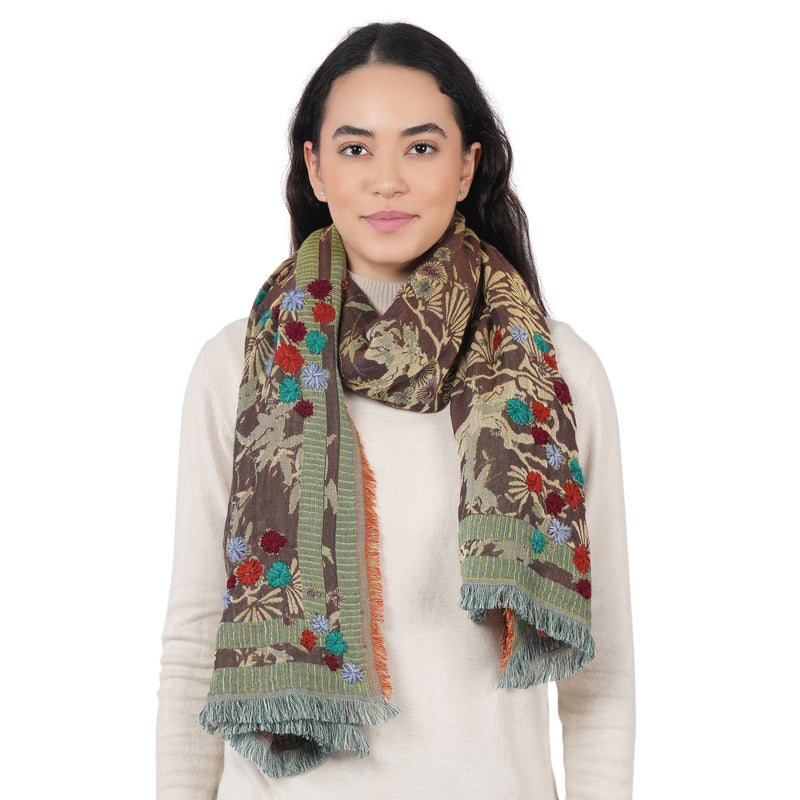 Botanica Embroidered Scarf -  Brown
