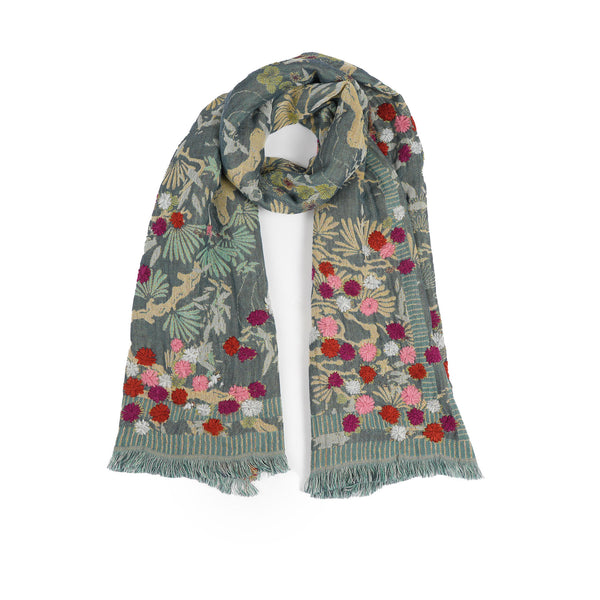 Botanica Embroidered Scarf -  Peacock Blue