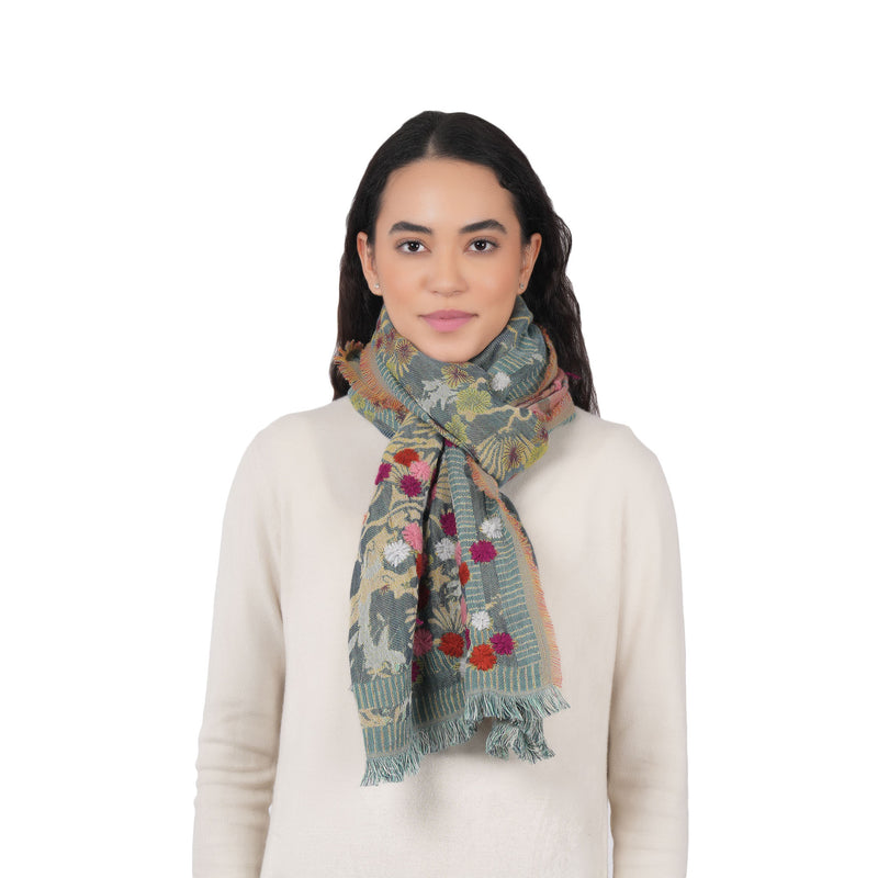 Botanica Embroidered Scarf -  Peacock Blue