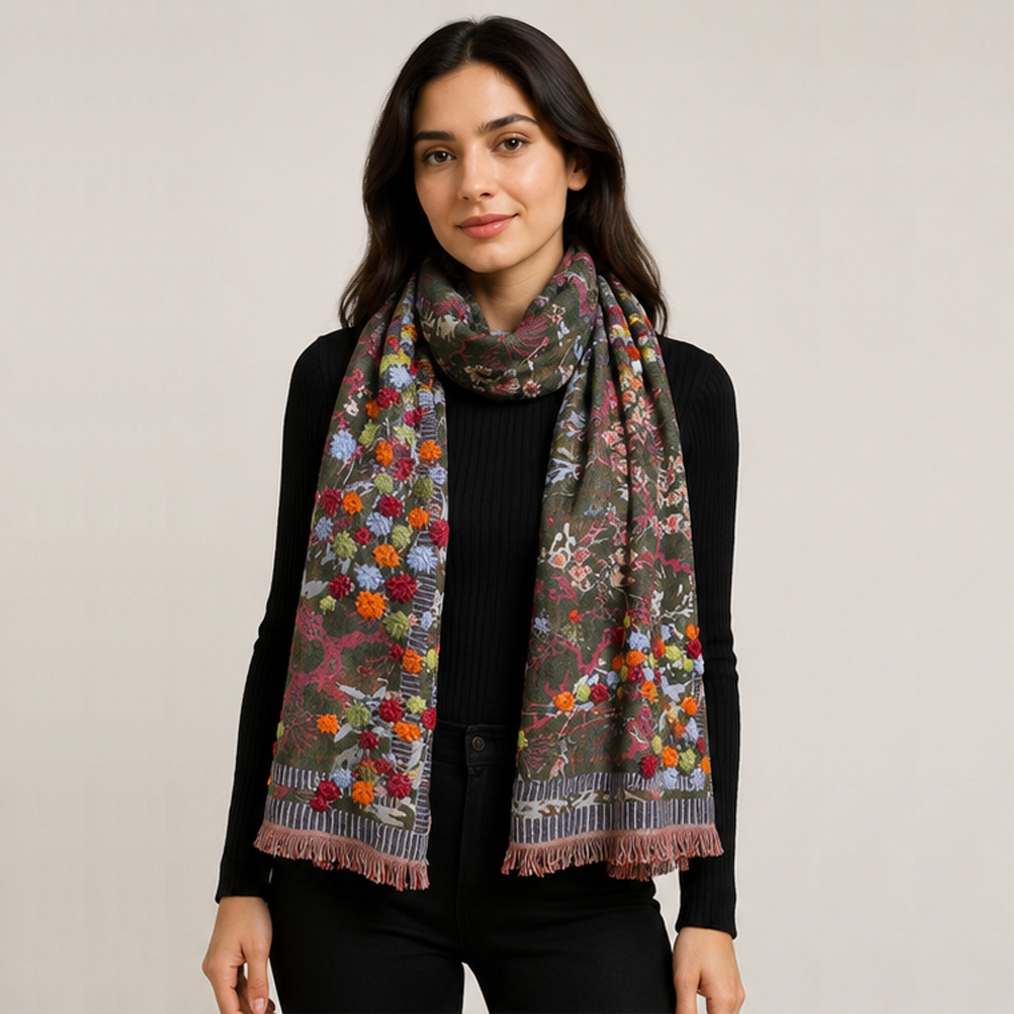 Botanica Embroidered Cottonblend Scarf – Shrub Green