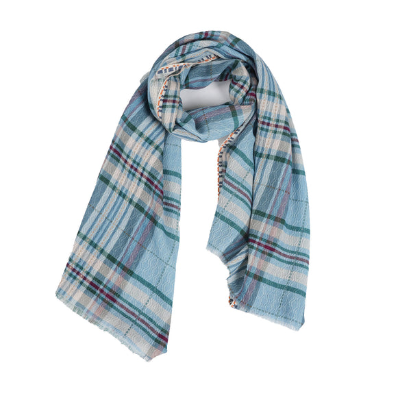 Cabin Morning Plaid Wool Scarf - Blue