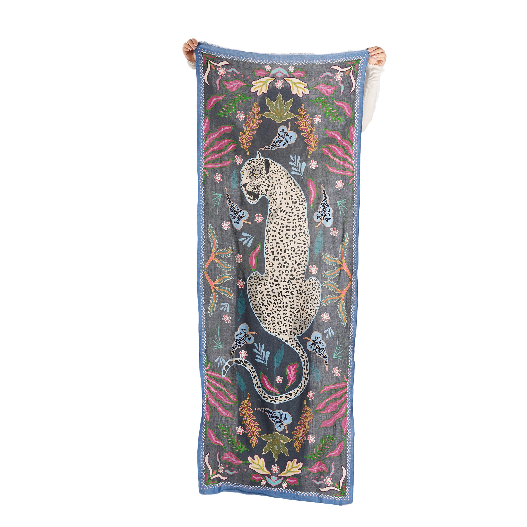 Wild Grace Wool Embroidered Scarf – Navy Blue