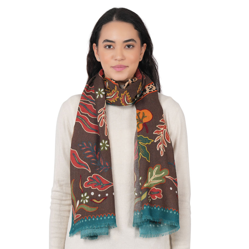 Wild Grace Wool Embroidered Scarf – Vintage Brown