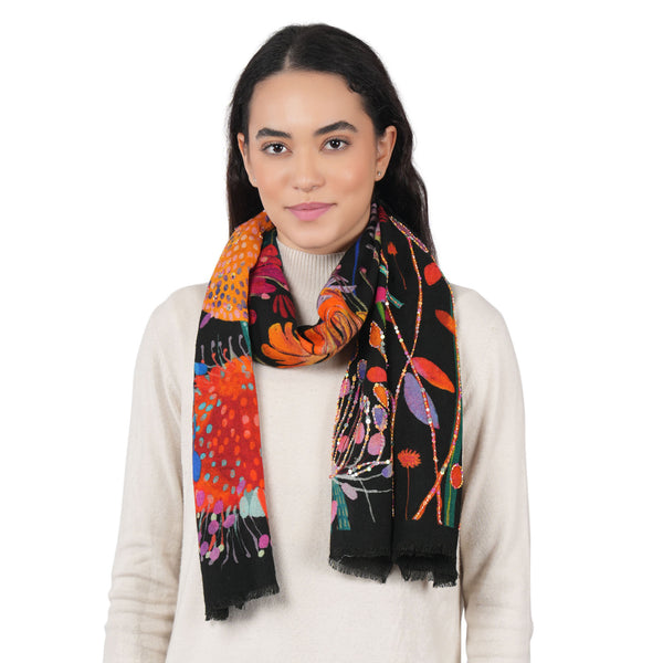 Wildflower Dusk Wool Scarf - Black
