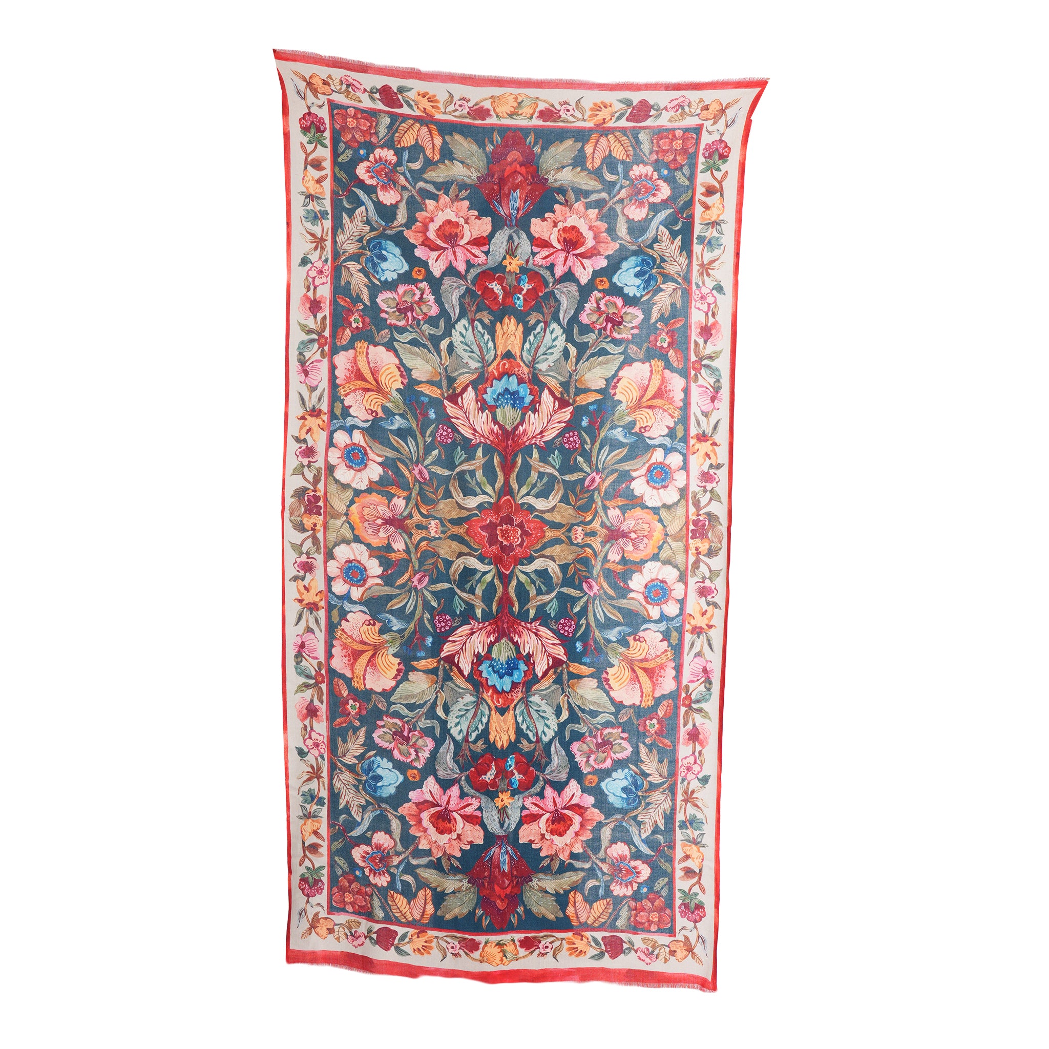 Victorian Floral Wool Scarf - Denim Blue