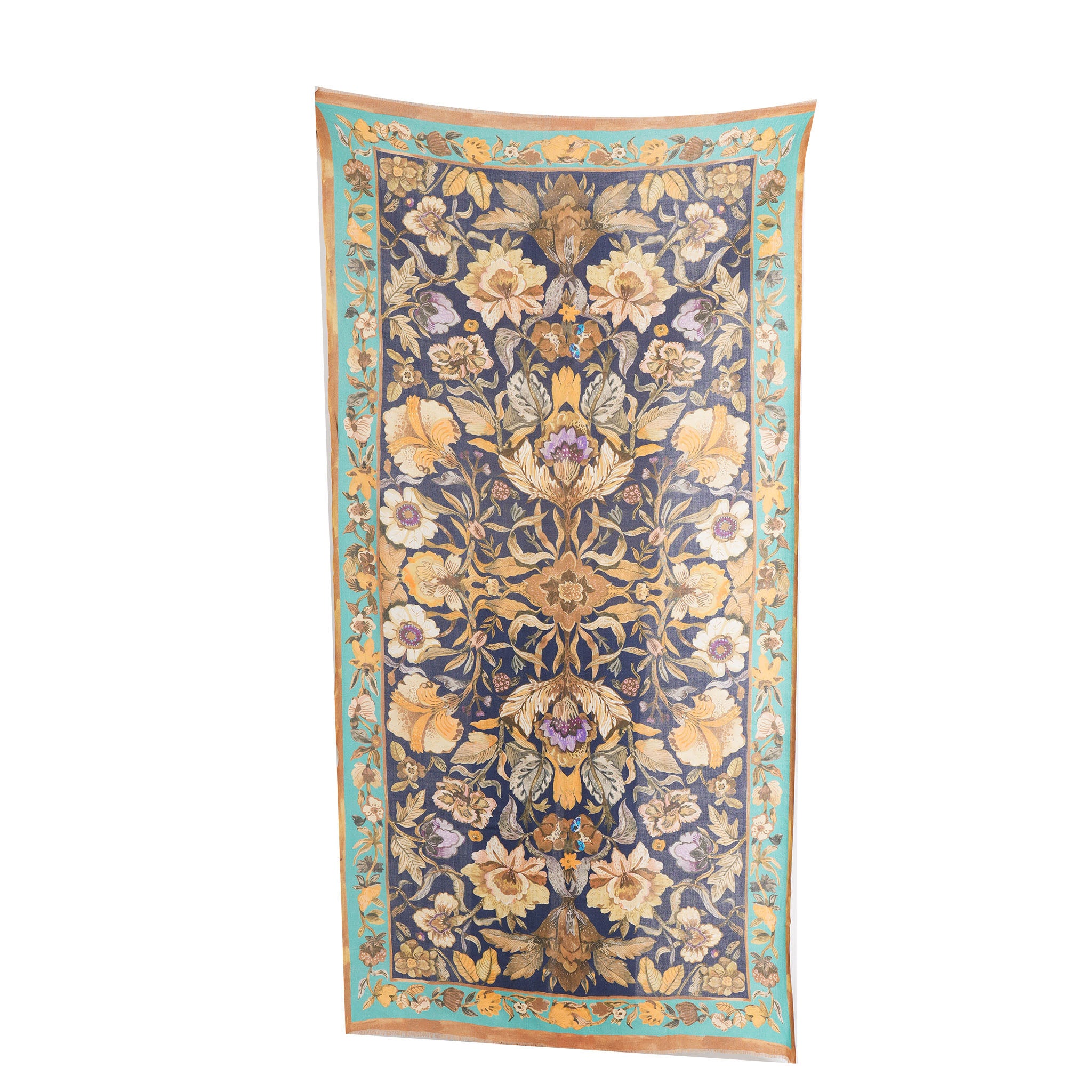 Victorian Floral Wool Scarf - Navy Blue