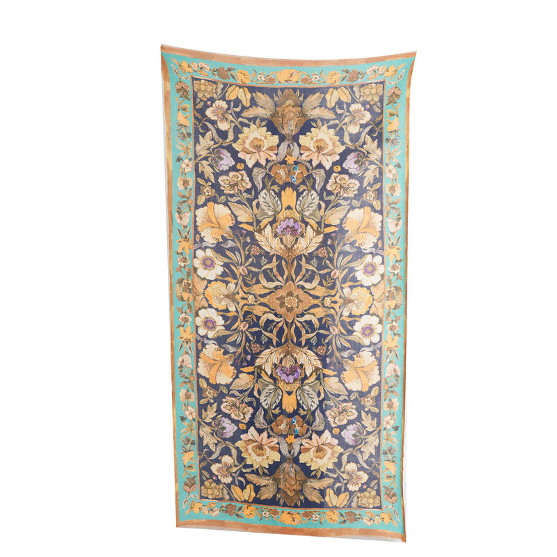 Victorian Floral Wool Scarf - Navy Blue