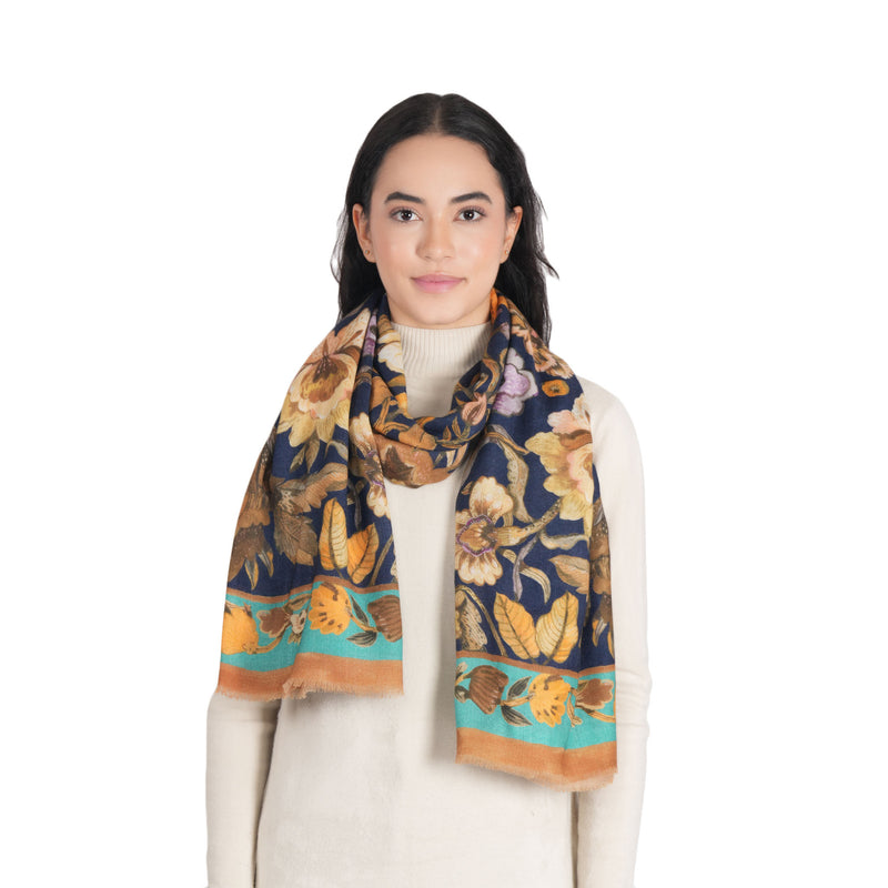 Victorian Floral Wool Scarf - Navy Blue