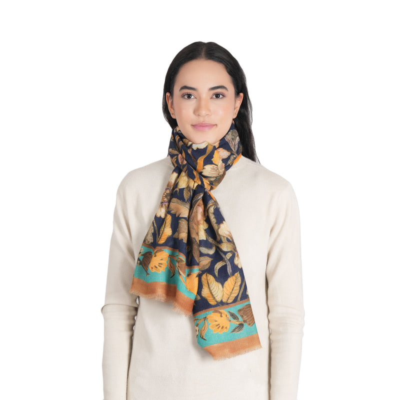 Victorian Floral Wool Scarf - Navy Blue