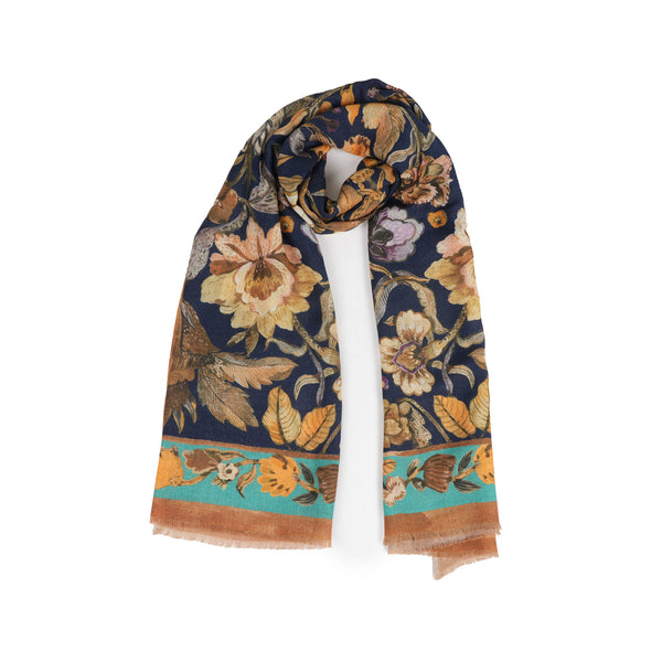 Victorian Floral Wool Scarf - Navy Blue