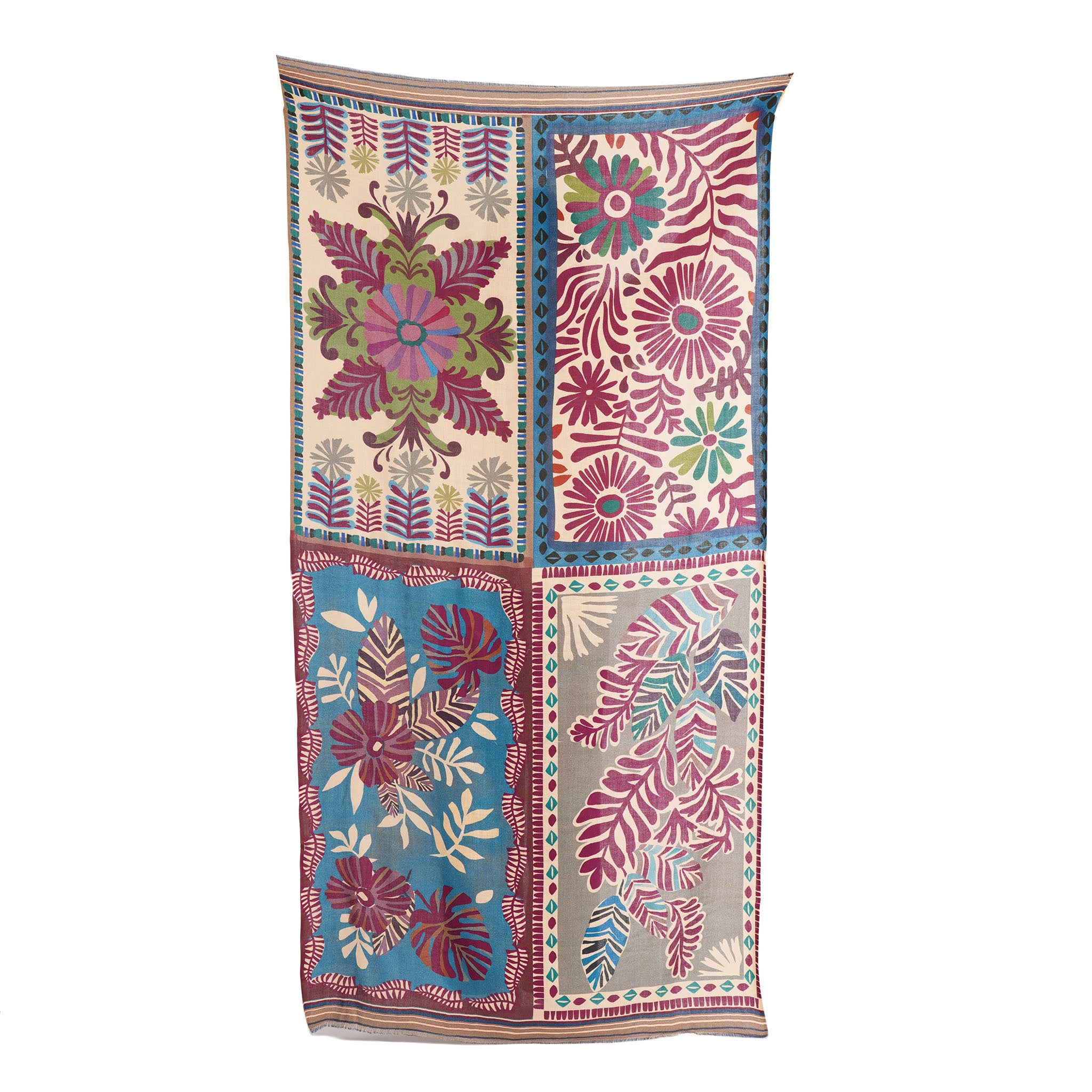 Floral Folk Patchwork Scarf - Taupe Blue