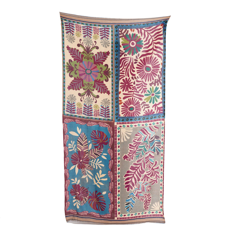 Floral Folk Patchwork Scarf - Taupe Blue