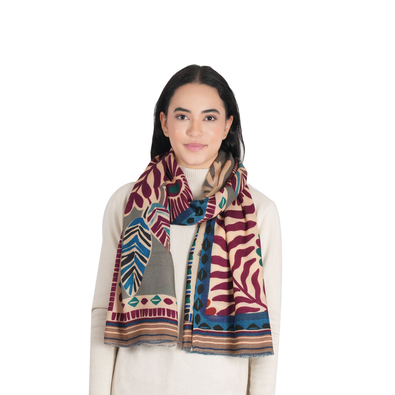 Floral Folk Patchwork Scarf - Taupe Blue
