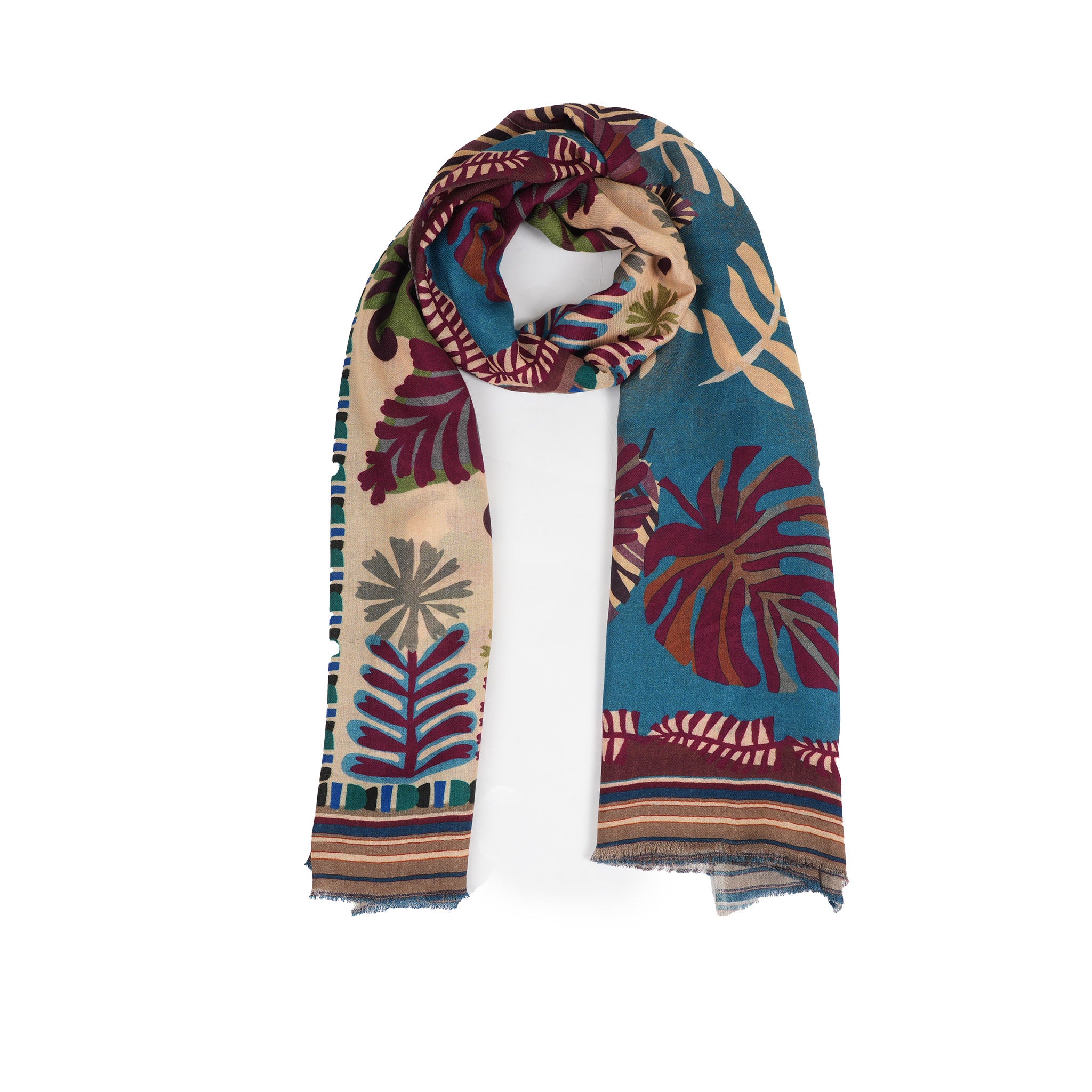 Floral Folk Patchwork Scarf - Taupe Blue