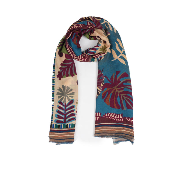 Floral Folk Patchwork Scarf - Taupe Blue