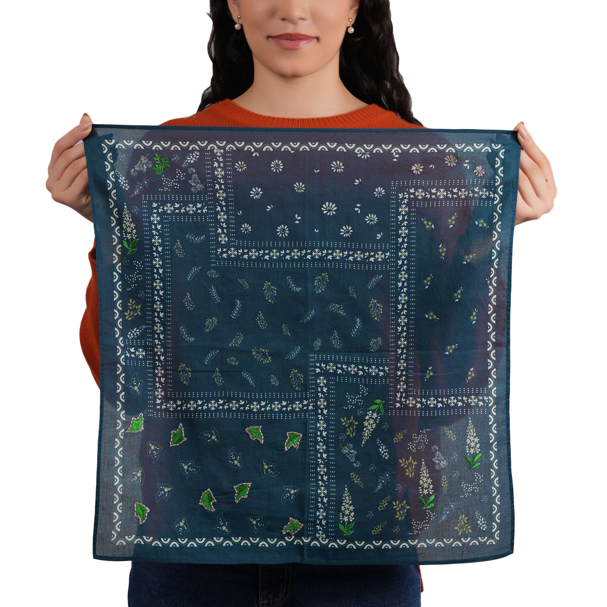 Paisley Patch Embroidered Bandana - Teal Blue