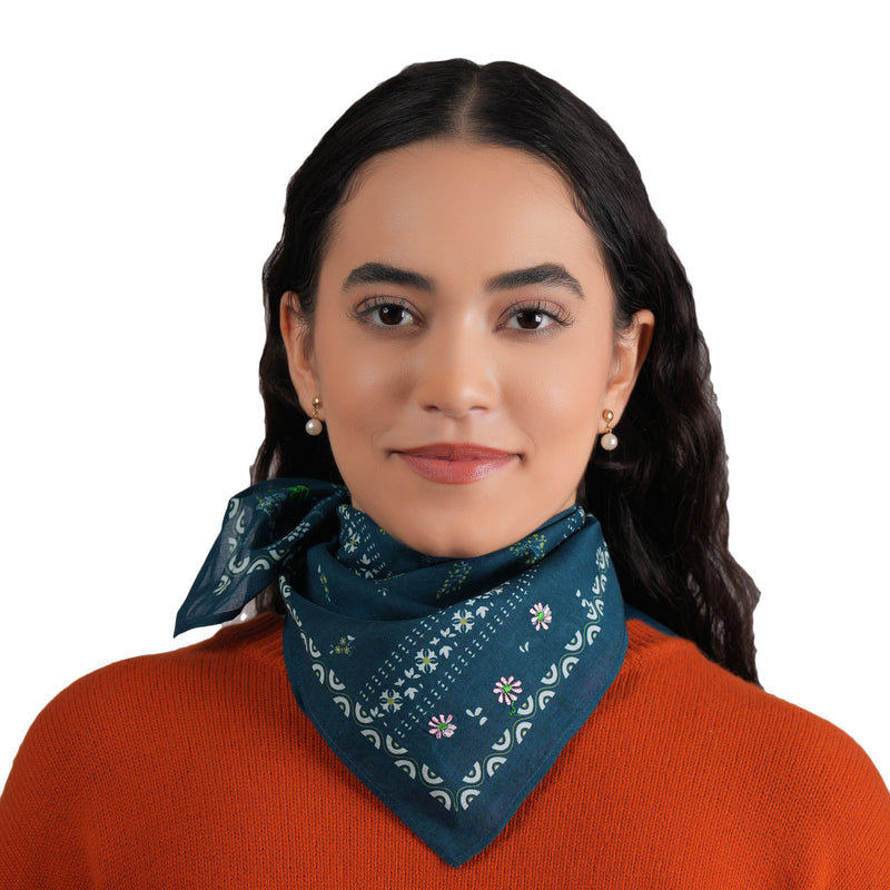 Paisley Patch Embroidered Bandana - Teal Blue