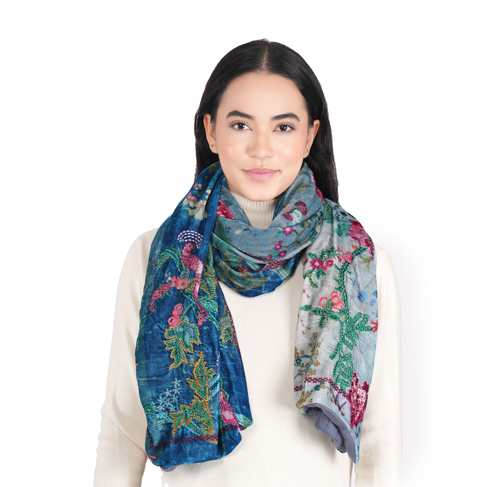 Enchanted Garden Velvet Scarf – Dusty Blue – Vismaya