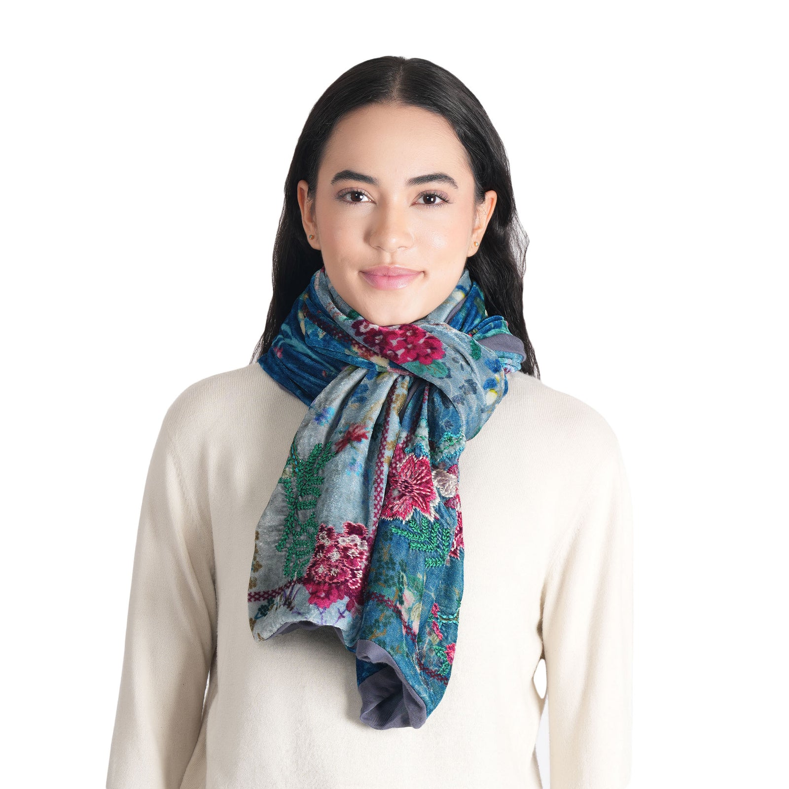 Enchanted Garden Velvet Scarf – Dusty Blue – Vismaya
