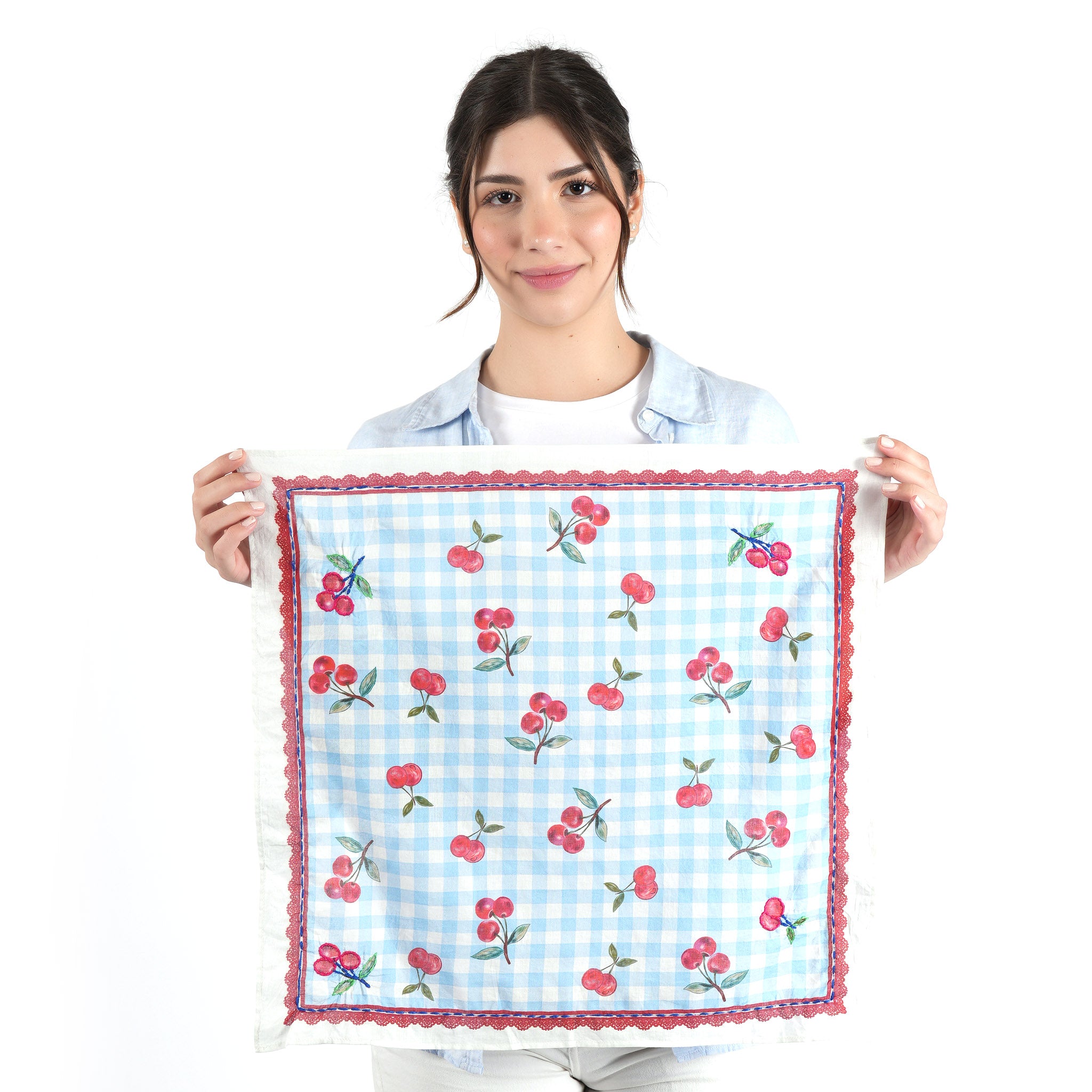 Cherry Gingham Bandana - Ivory Blue