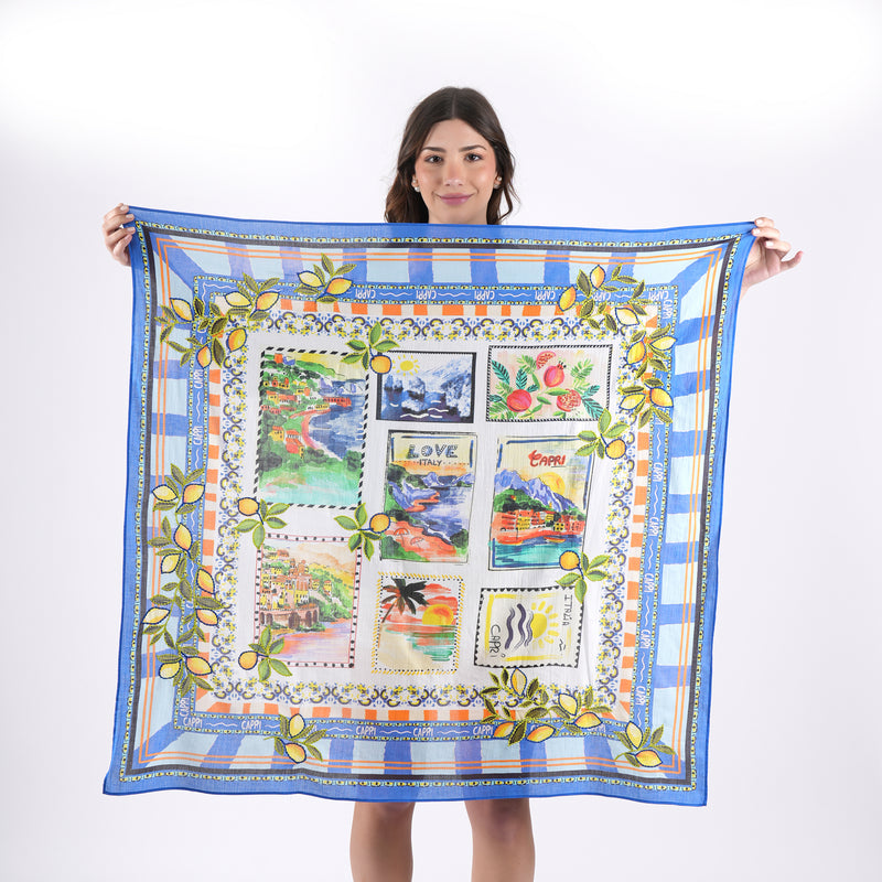 MADISONBLUE GRAFFITI PRINTSCARF スカーフ Capri Postcard Square Scarf - Blue – Vismaya