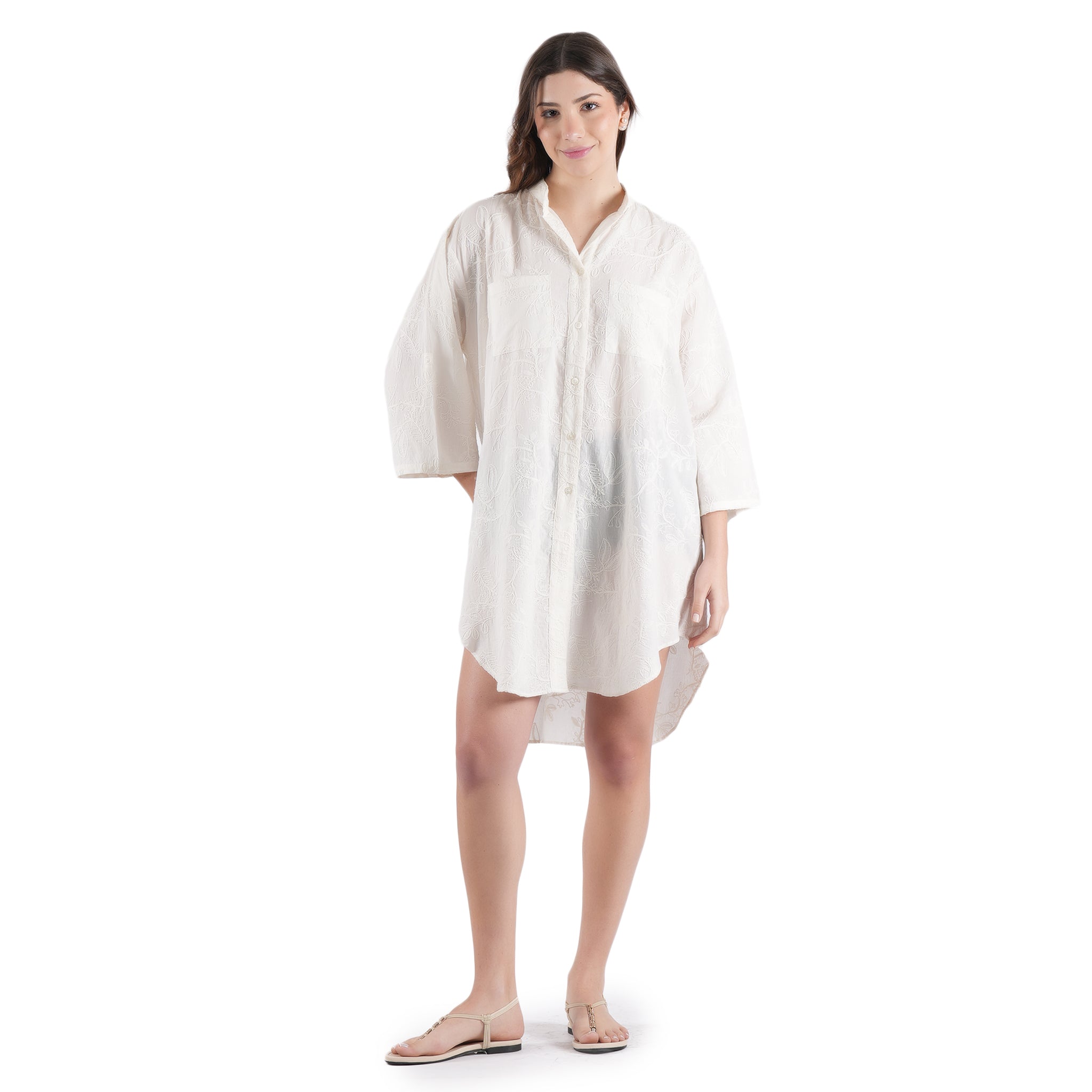 Moonflower Embroidered Shirt Dress - White