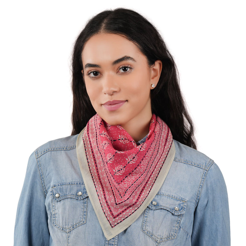 Floral Grid Cotton Bandana - Fiery Coral