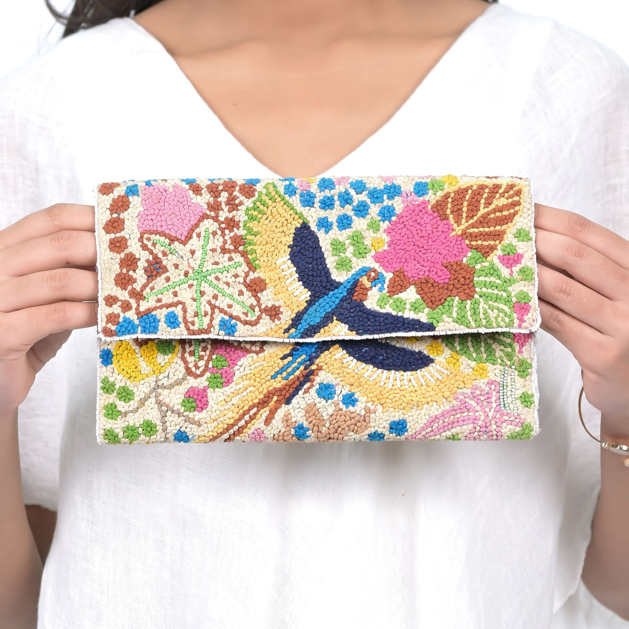 AMAZON FOREST EMBROIDERED CLUTCH - CREAM