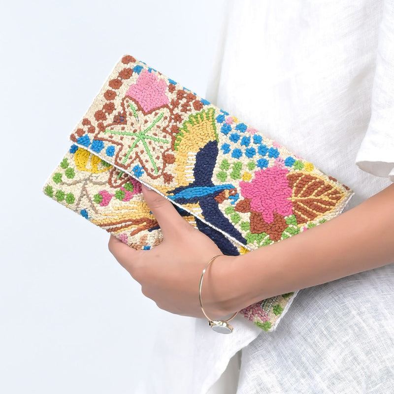 AMAZON FOREST EMBROIDERED CLUTCH - CREAM