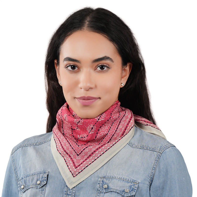 Floral Grid Cotton Bandana - Fiery Coral