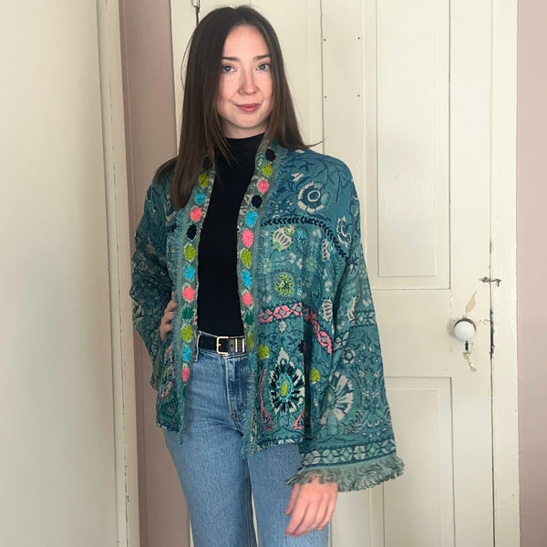 Camellia Floral Jacquard Kimono - Marine Blue