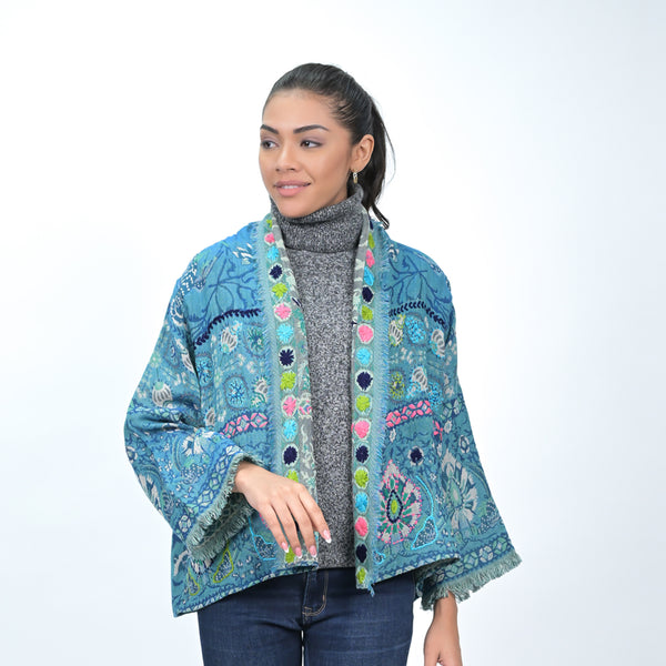 Camellia Floral Jacquard Kimono - Marine Blue