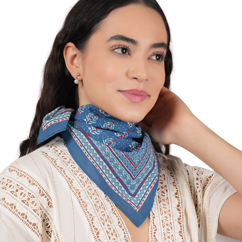 Floral Grid Cotton Bandana - American Blue