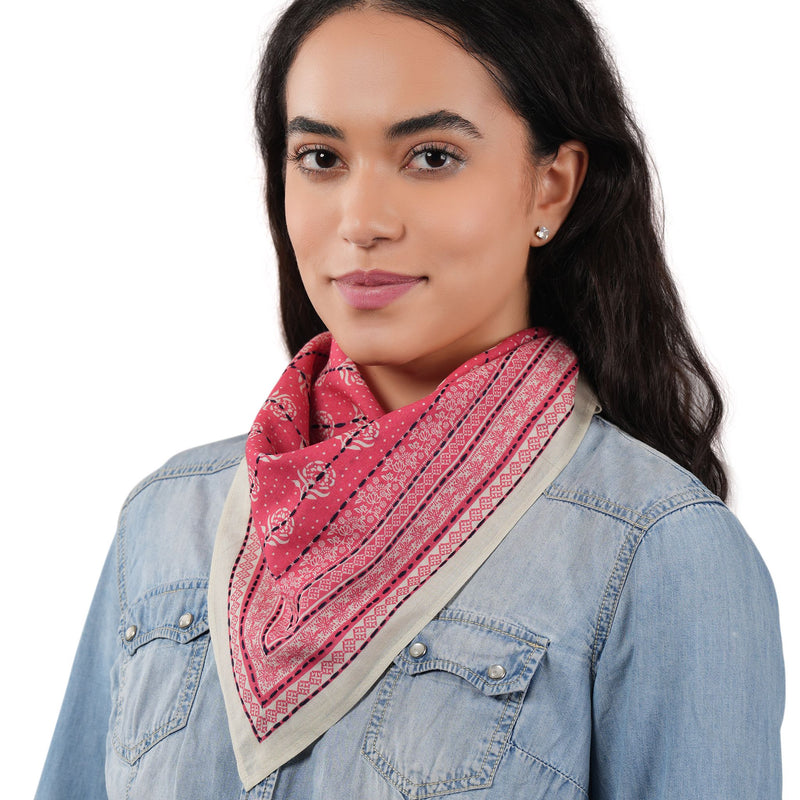 Floral Grid Cotton Bandana - Fiery Coral
