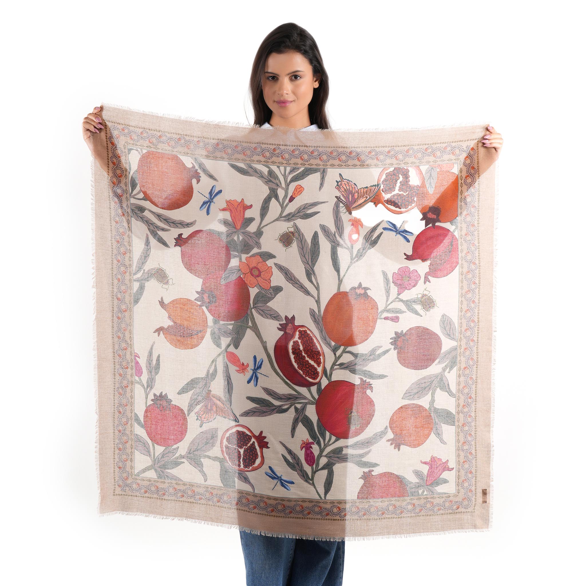 Pomegranate Garden Square Scarf - Tan - view 9