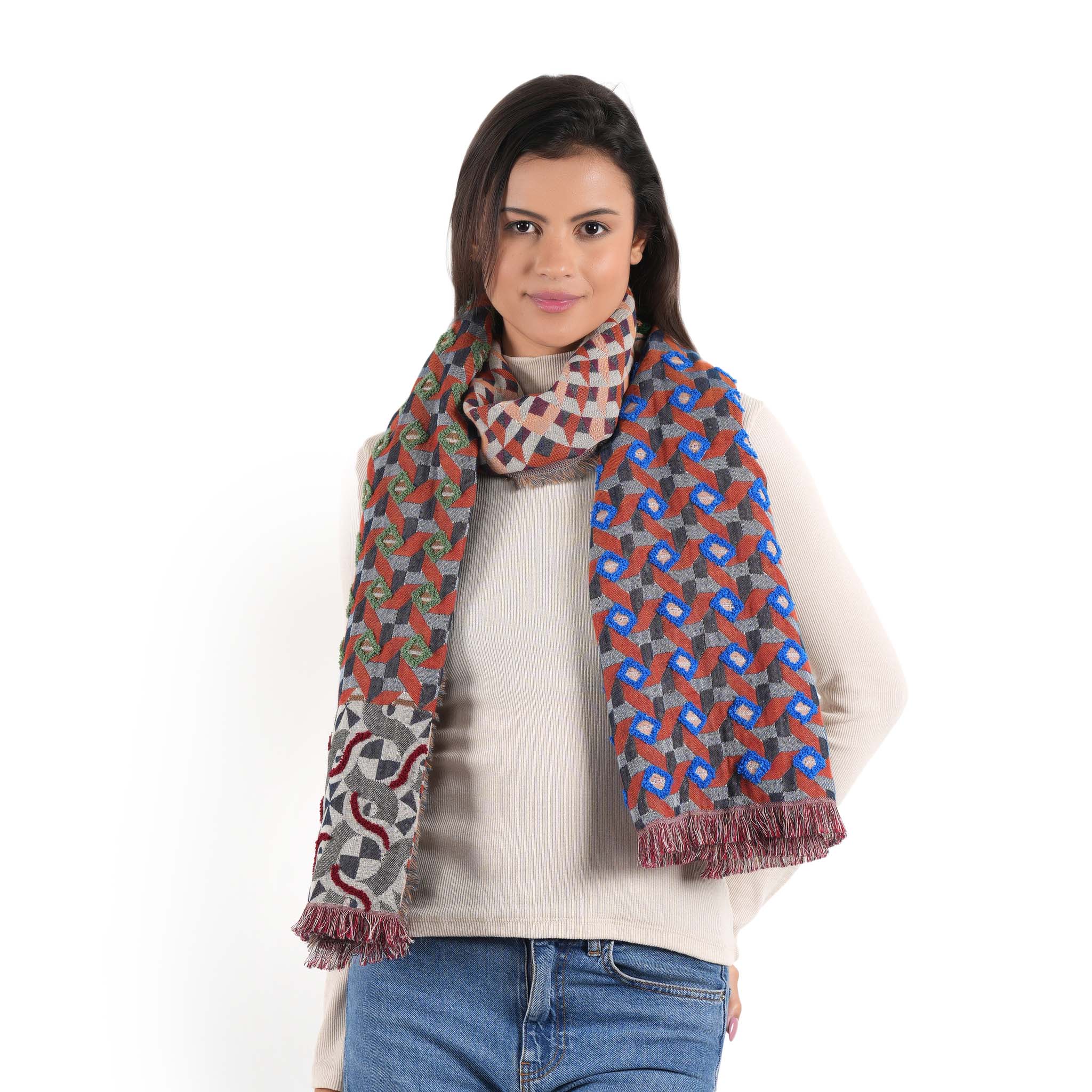 Geometric Jacquard Scarf - Terracotta - view 9
