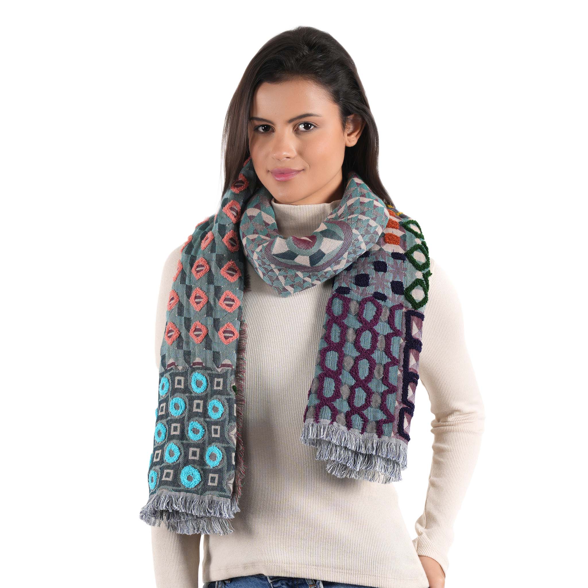 Geometric Jacquard Scarf - Teal Blue - view 9