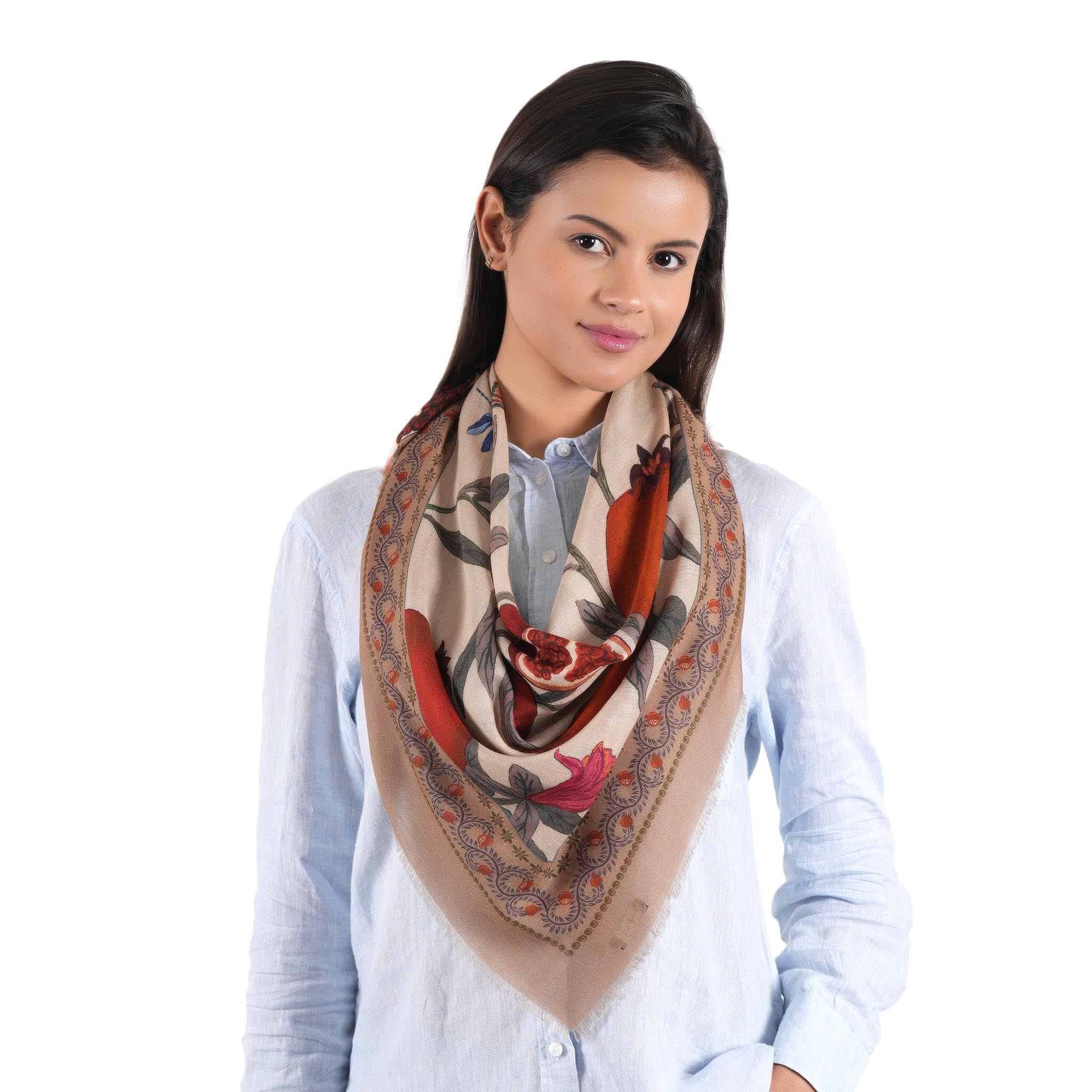 Pomegranate Garden Square Scarf - Tan - view 9