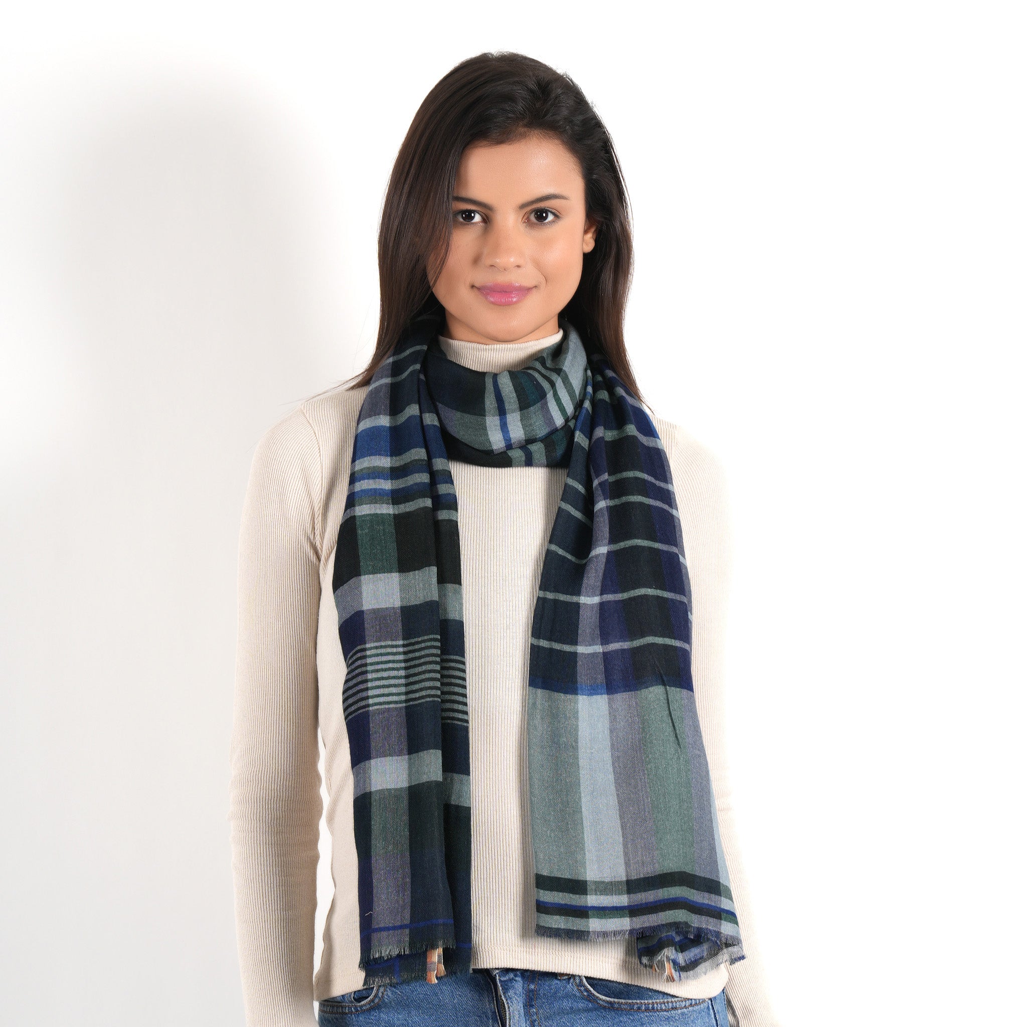 Plaid Wool Scarf - Indigo - view 8