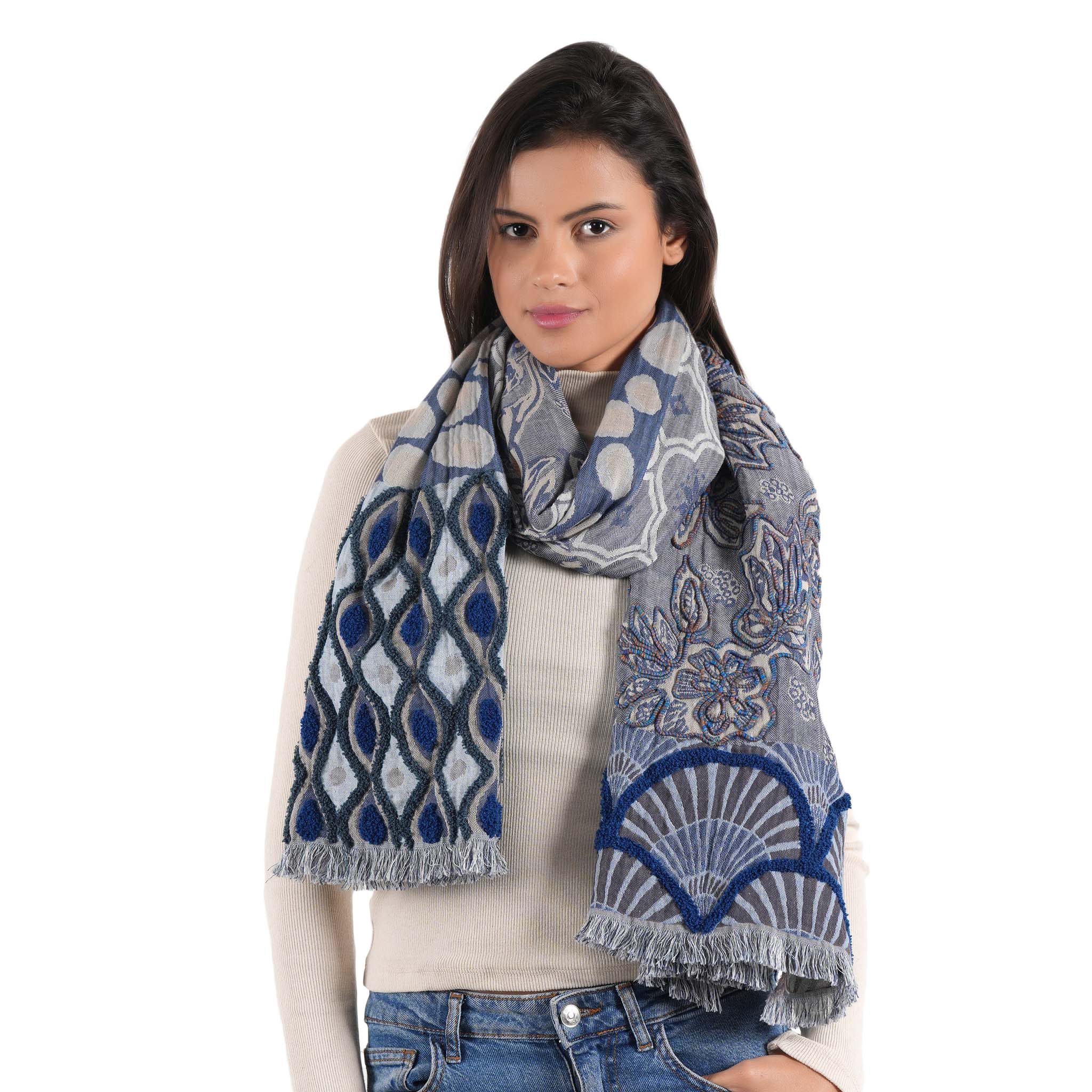 Mosaic Floral Jacquard Scarf - Indigo Blue - view 9