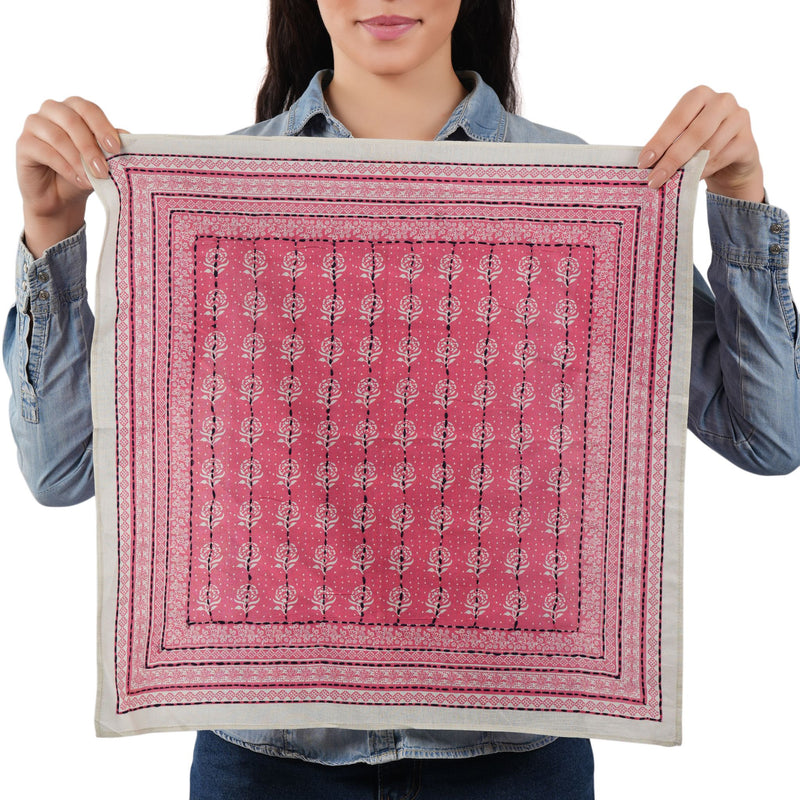 Floral Grid Cotton Bandana - Fiery Coral