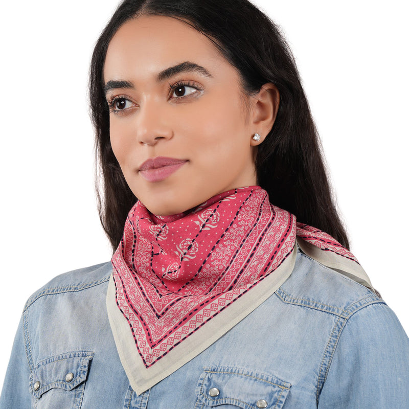 Floral Grid Cotton Bandana - Fiery Coral