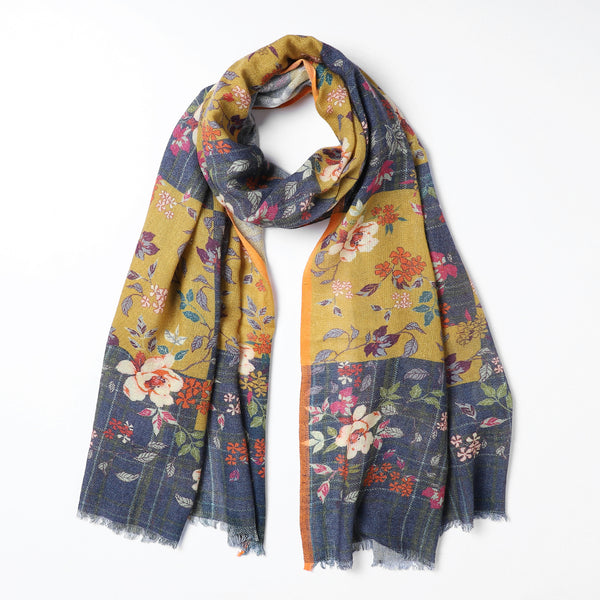 Floral Patchwork Scarf - Navy/Mustard