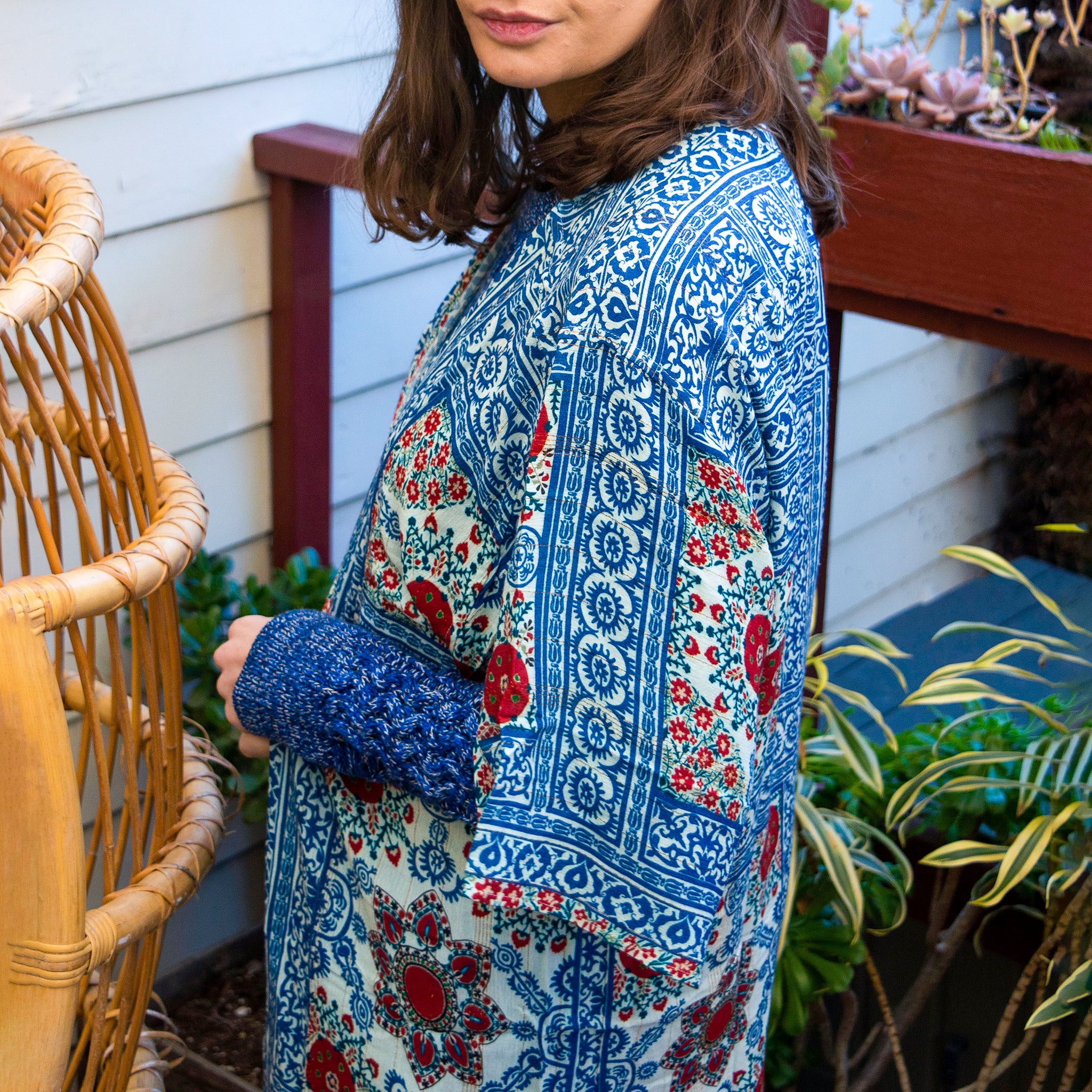 Ethnic Patchwork Print Kimono - Blue